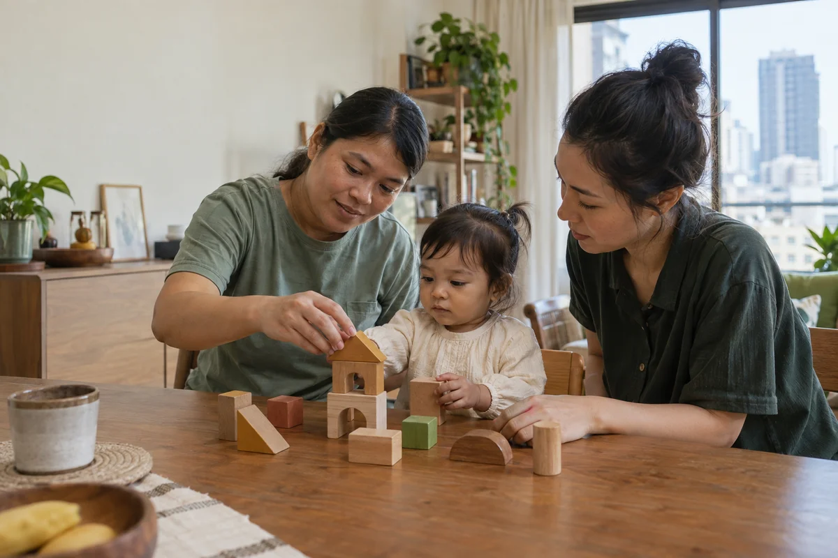 An illustrative scene of two adults and a toddler playing with wooden blocks at home. AI-generated photograph.